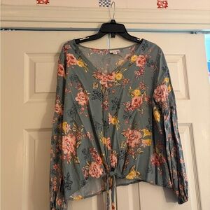 SO XL juniors Floral Tie-Front Blouse - Blue and Pink